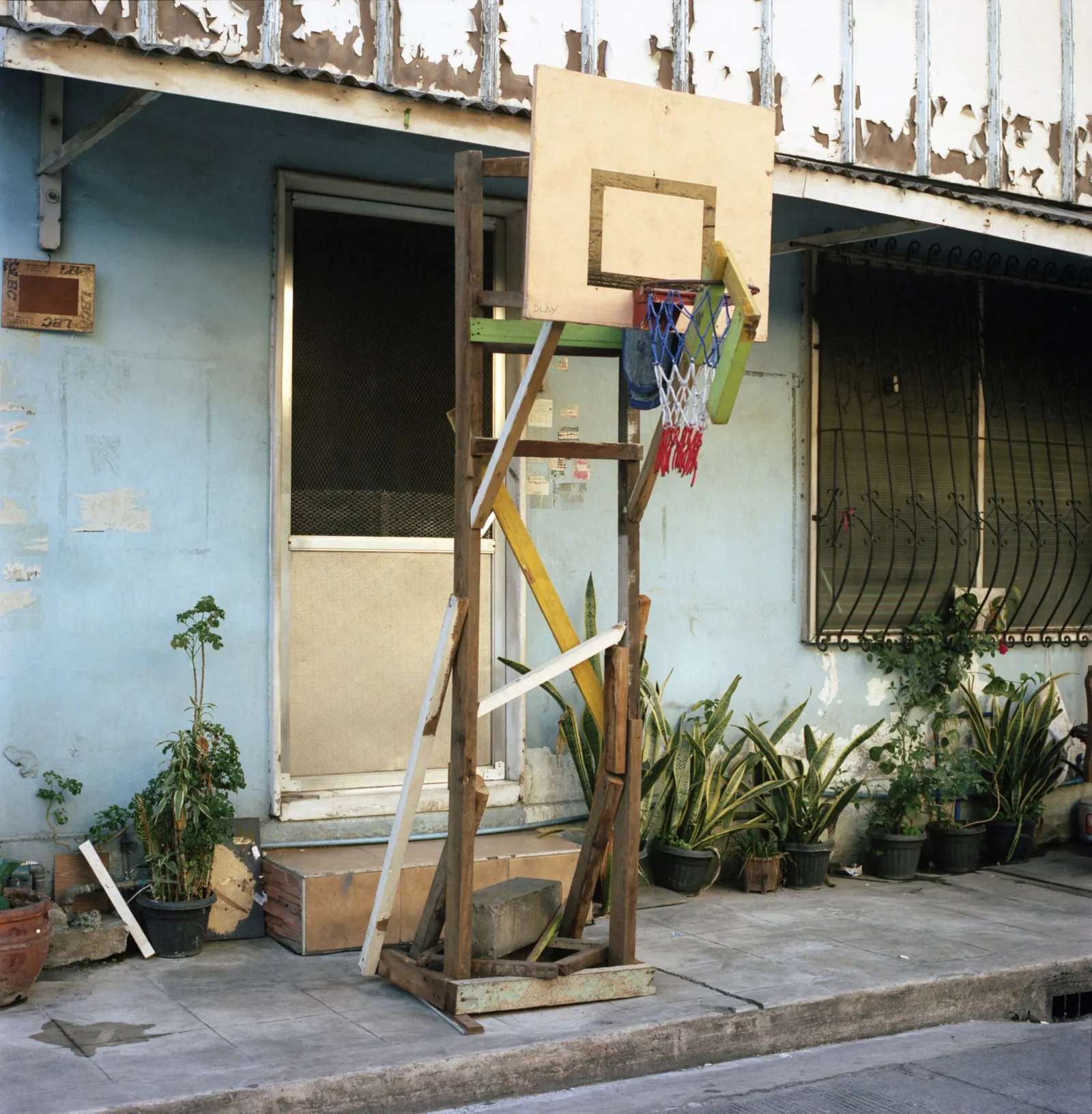 Homemade hoop of scrap wood and a plywood backboard against a pale blue house, potted plants along the wall