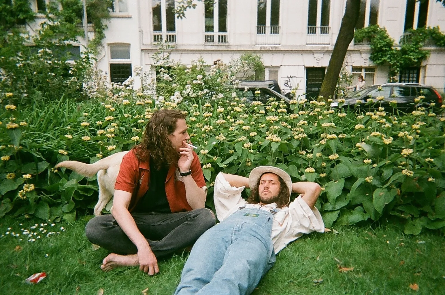 Feng Suave relaxing on the grass in a city garden in front of white townhouses