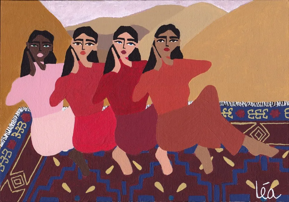 Painting of four women in pink and red sitting on a patterned rug, each resting a hand on her cheek, hills behind