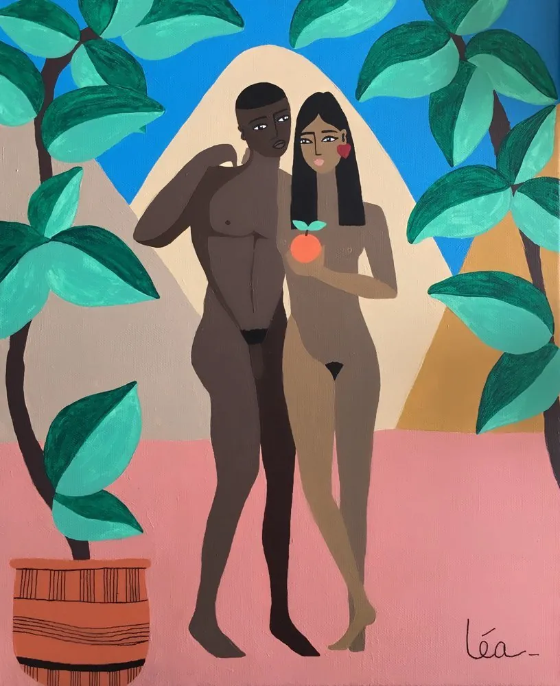 Painting of a nude man and woman standing among leafy plants, she holding an orange, peaks behind them