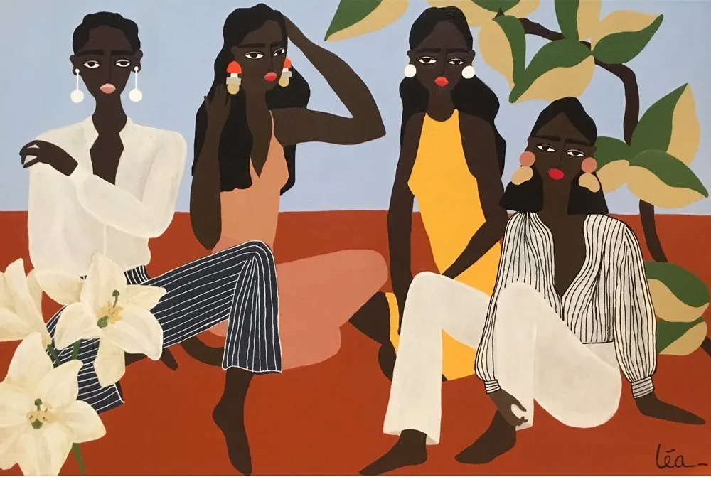 Painting of four women in loose white, peach and yellow clothes seated on red ground beside white lilies