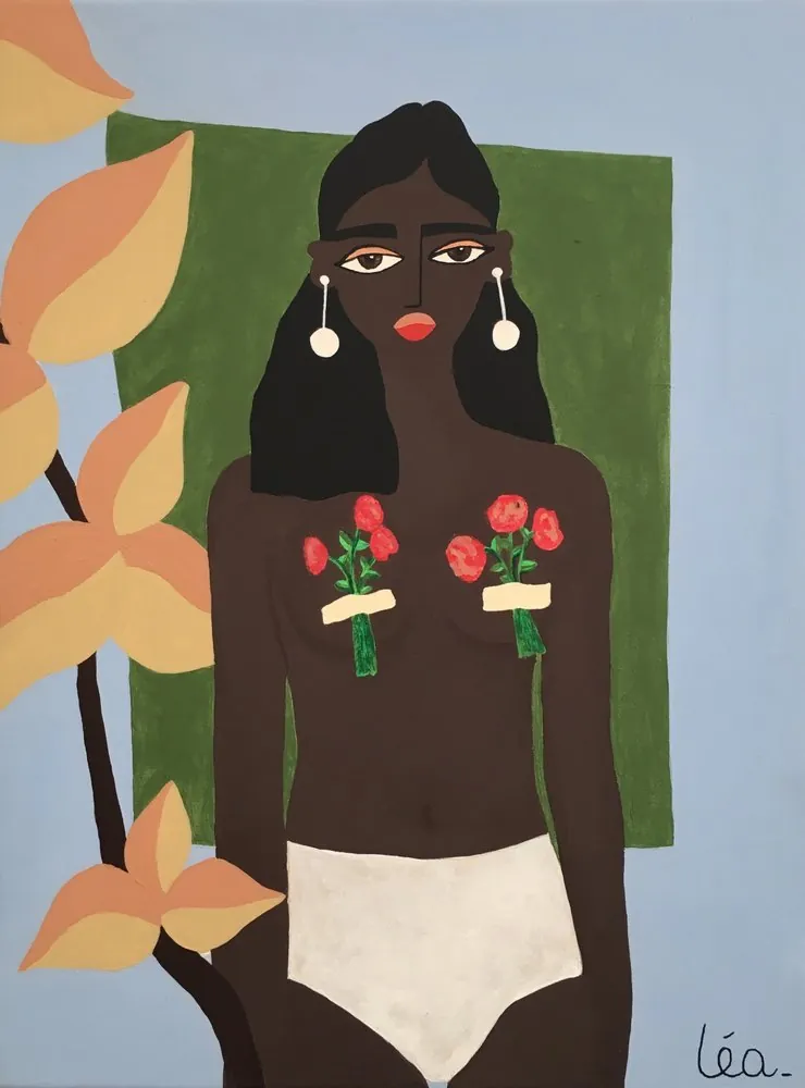 Painting of a topless woman with roses taped over her chest, white briefs and pearl earrings, before a green square
