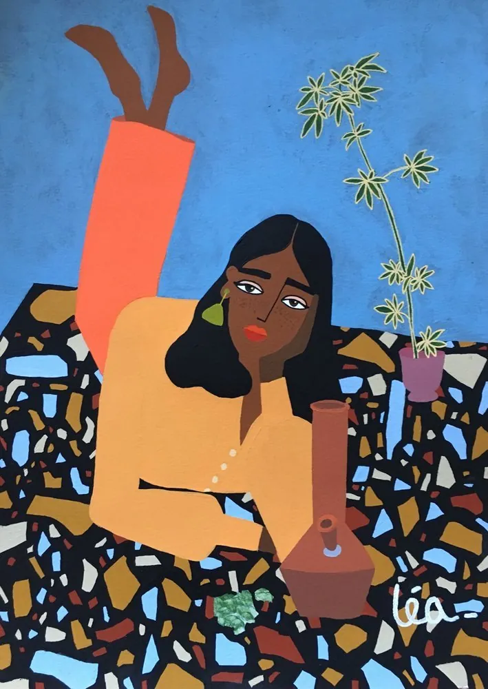 Painting of a woman in orange trousers lying on a terrazzo floor beside a bong and a potted cannabis plant