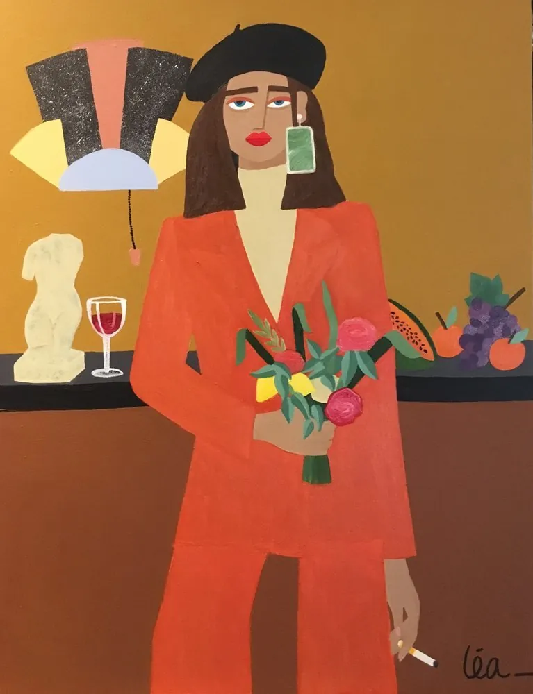 Painting of a woman in a red suit and black beret holding flowers and a cigarette, wine glass and fruit behind