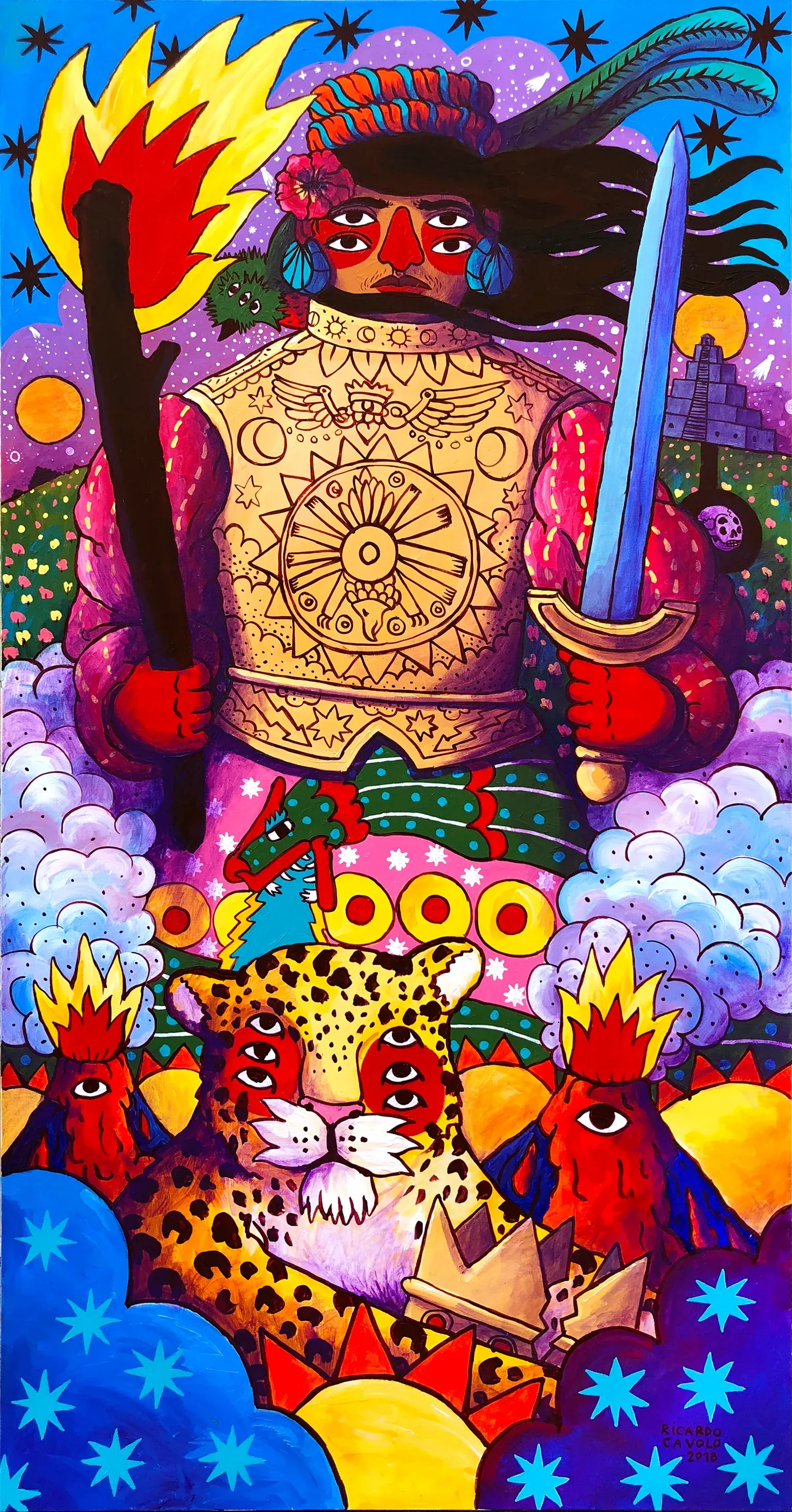 A tall painting of a warrior holding a torch and sword above a many-eyed jaguar, signed Ricardo Cavolo 2018
