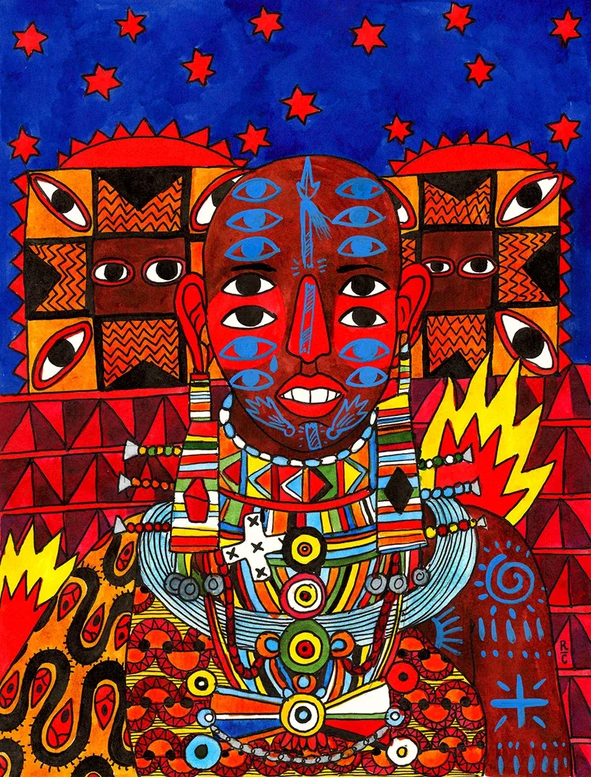 A painted portrait of a man whose face is covered in rows of eyes, framed by patterned shields and stars