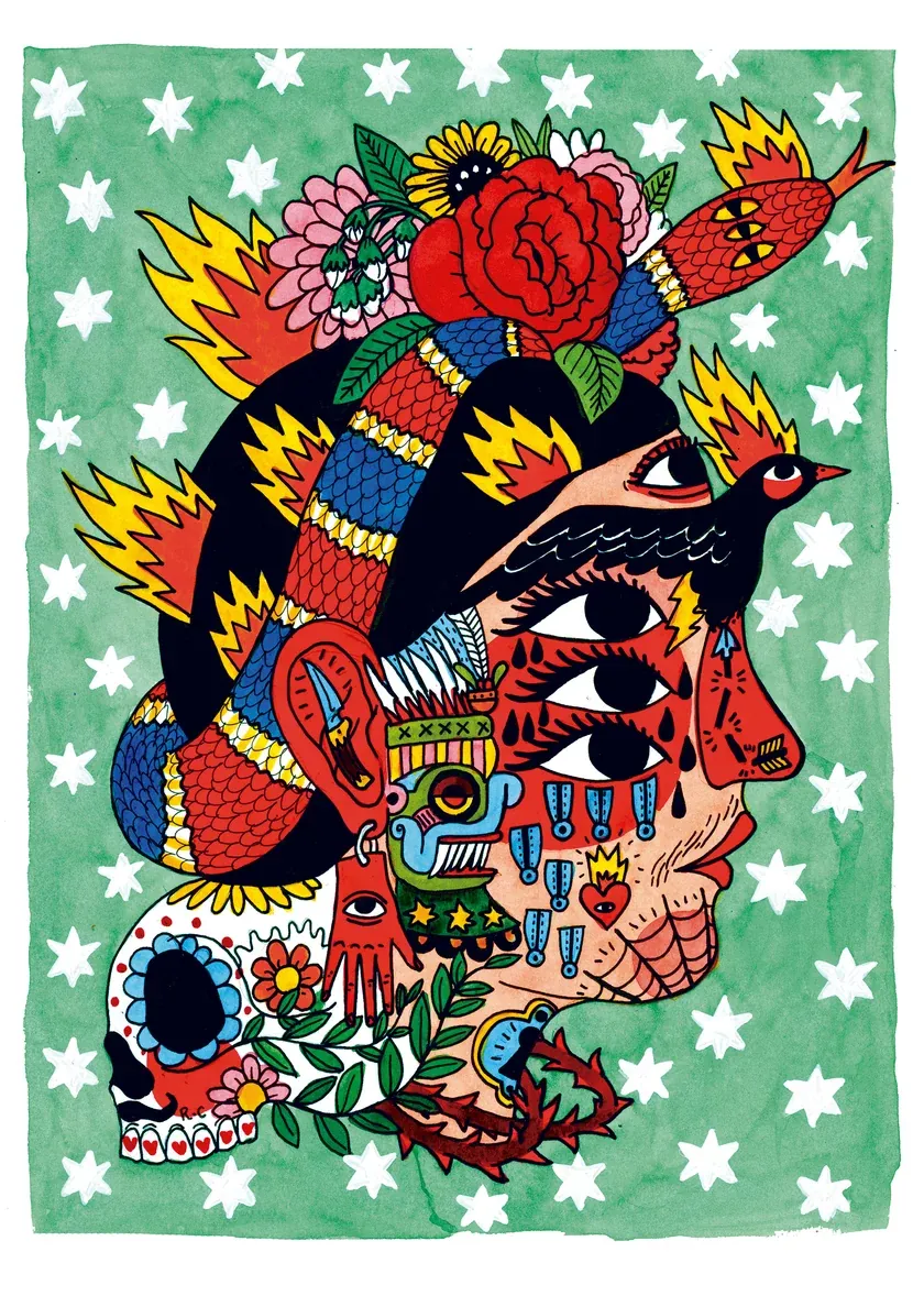 A painted profile of a woman with three stacked eyes, crowned by a snake and roses, beside a sugar skull